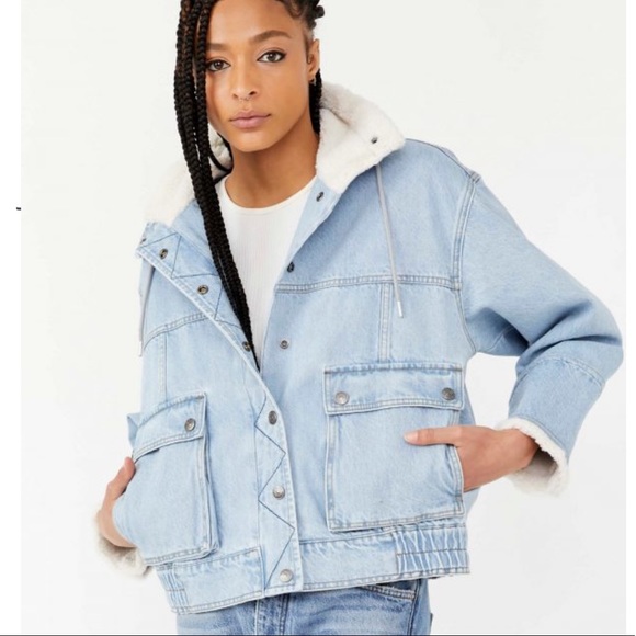 FREE PEOPLE Ariel Cozy Denim Bomber Jacket, SIZE SMALL